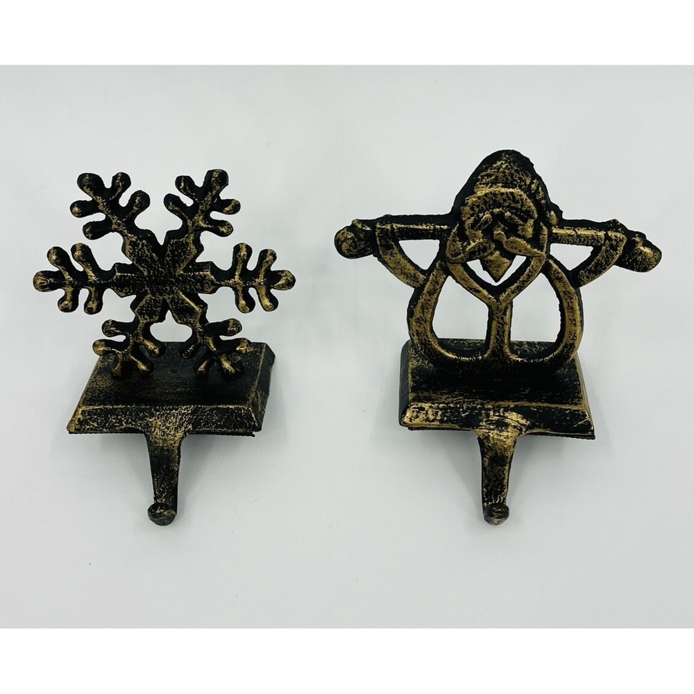 Pair of Cast Metal Stocking Holders‎ Hangers Old Fashioned Santa Snowflake